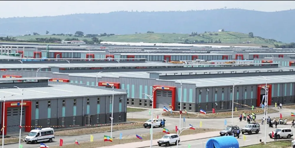 Warehouse rows against green hills at Bahir Dar Industrial Park